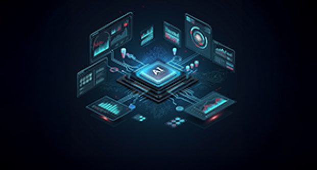 AI component, data visualization, software engineering intelligence, vibrant color scheme, futuristic design, sleek interfaces, interconnected networks, central AI hub, graphical elements, modern aesthetic