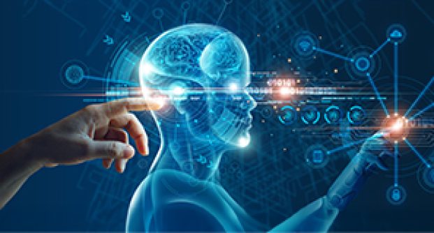 Machine learning. Hand touch a robot on network and binary data. Futuristic Artificial intelligence (AI). Deep Learning. Brain Algorithm. Business internet technology. Big data visualizatio